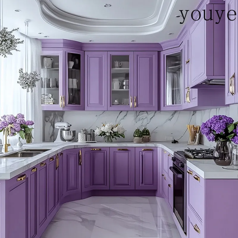 Whole-house custom lavender purple cabinets, custom French-style kitchen and dining factory, custom order