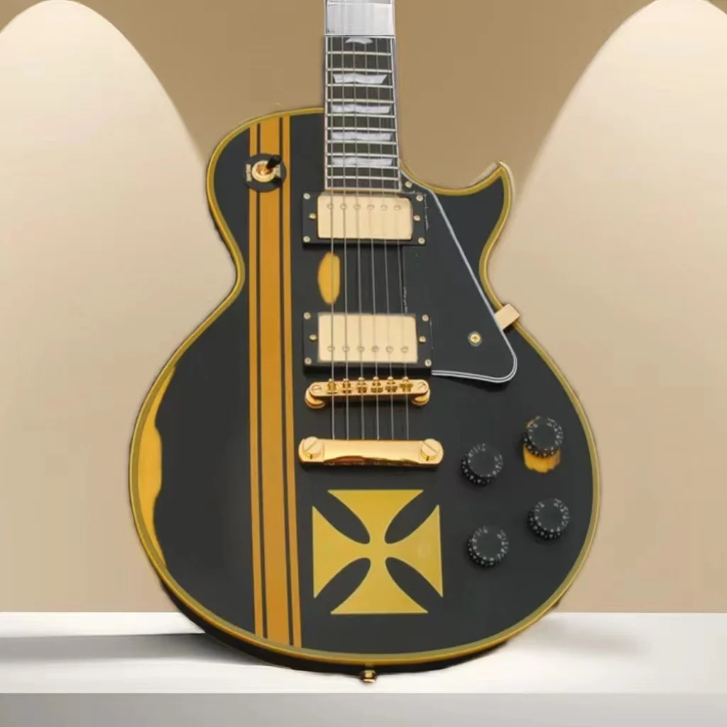 

Hetfield Metallic Iron Cross Classic Relic Black & Yellow Electric Guitar EMG Pickups Gold Hardware Black Pickguard