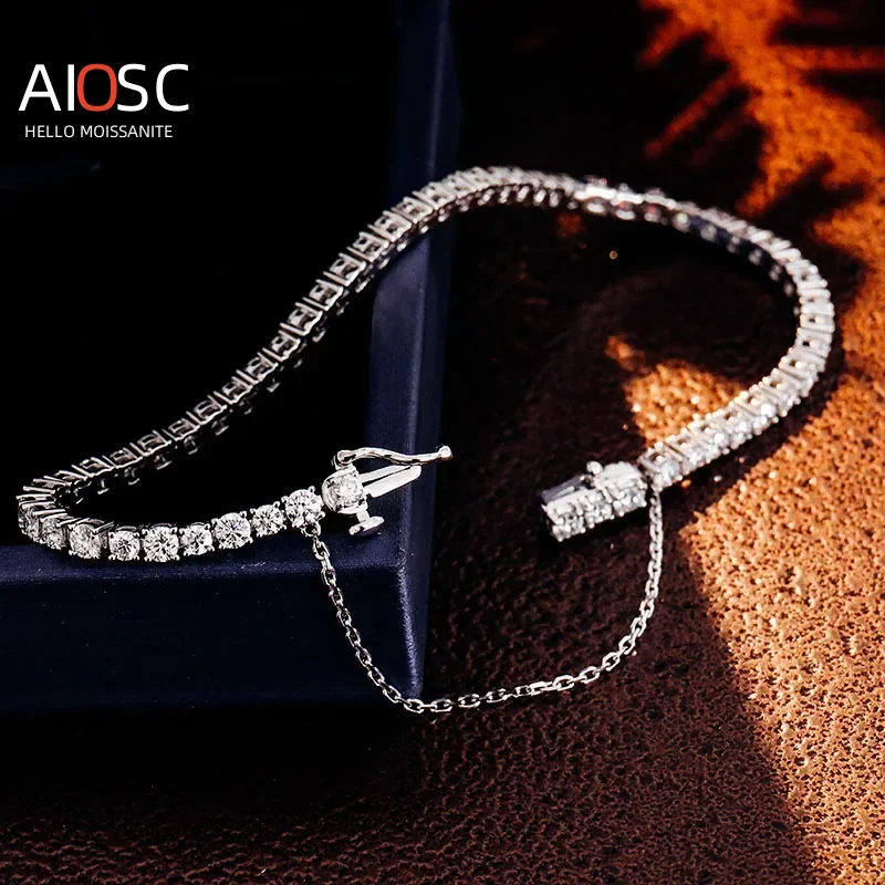 

AIOSC Real Gold 14k18k D Color 2~4mm Four Claw Moissanite Tennis Bracelet with Safety Chain Bracelet GRA Certified Fine Jewelry