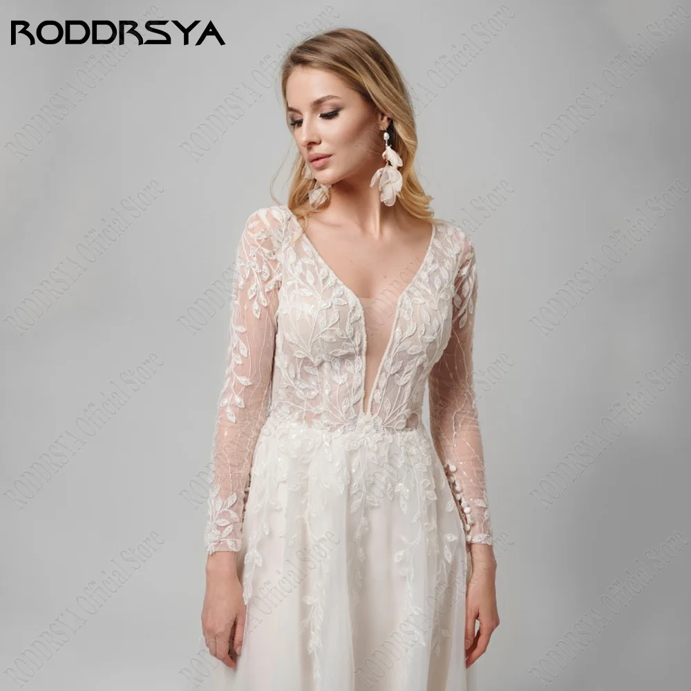 RODDRSY Elegant Wedding Dress With Long Sleeves V-Neck Illusion Back Bride Party Gowns Applique A-Line Tulle vestido de noiva