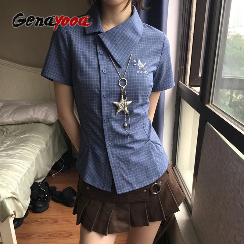

Genayooa Japanese Y2k Plaid Shirt Women Short Sleeve Irregular Embroidery Shirt And Blouse Korean Style Flods Vintage Tops 2000s