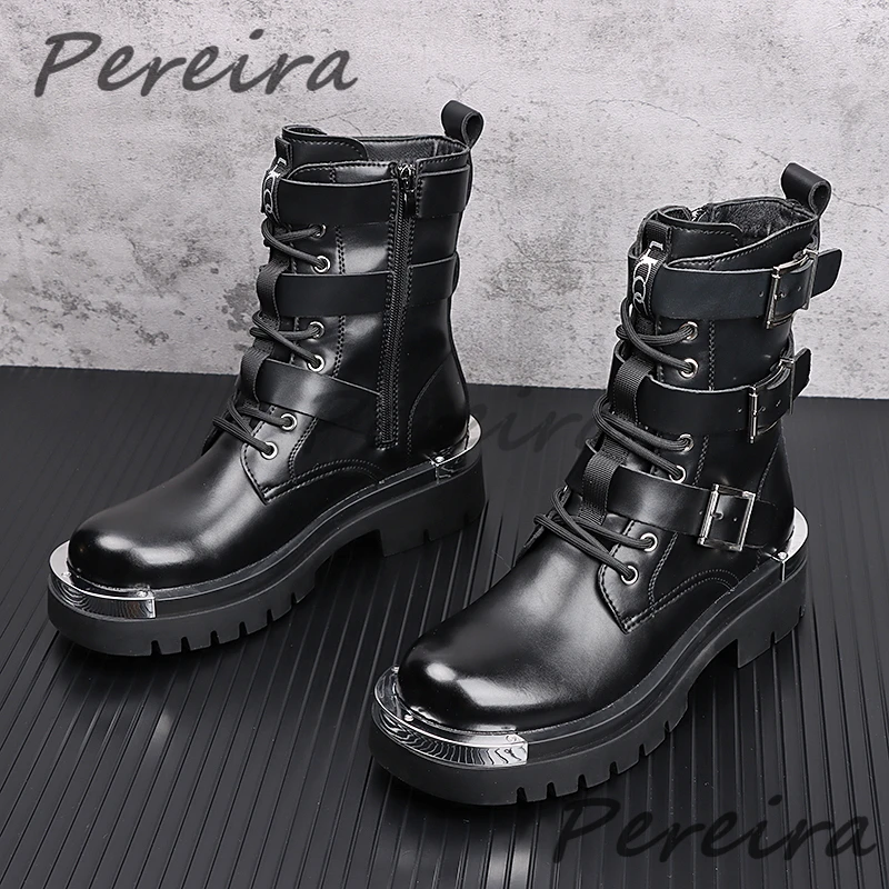 Autumn Winter New Thick Soled Motorcycle Boots Metal Decor Belt Buckle Half Boots British Style Versatile Men's High Top Shoes