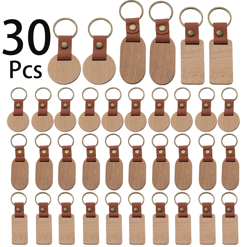 

30Pcs Blank PU Wooden Keychains Retro Key Chain Beech Metal Key Chain Pendant Gifts