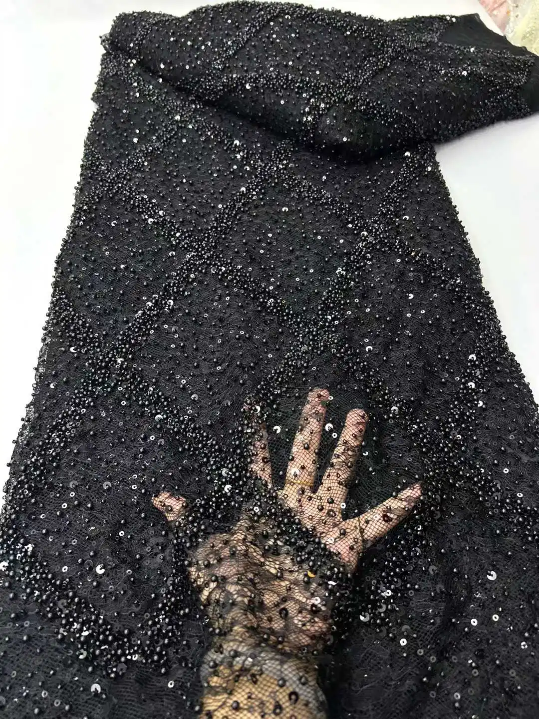 

2025 5 ярдов/шт. кружевная ткань с бисером для свадьбы, черная ткань, французский тюль, кружево, африканские блестки, роскошное женское платье высокого качества