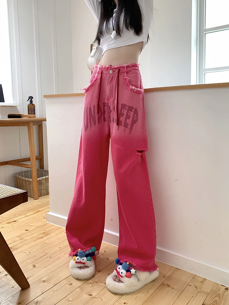 Vintage Pink Letter Printed Y2k Baggy Jeans Women American Style Rough Hemmed Trousers High Waist Drawstring Women\'s Pants