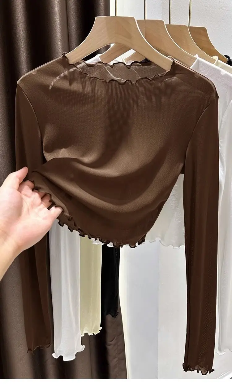 Damen-Oberteil aus kurzem, seidigem Mesh-Stoff, dünne, transparente Sommerbluse mit Rüschen und Spitze, lässiges Innenkleidungsstück, geeignet als Unterhemd oder zum Tragen unter einem Kleid, bietet Sonnenschutz, weiches Oberteil. – Detail 11