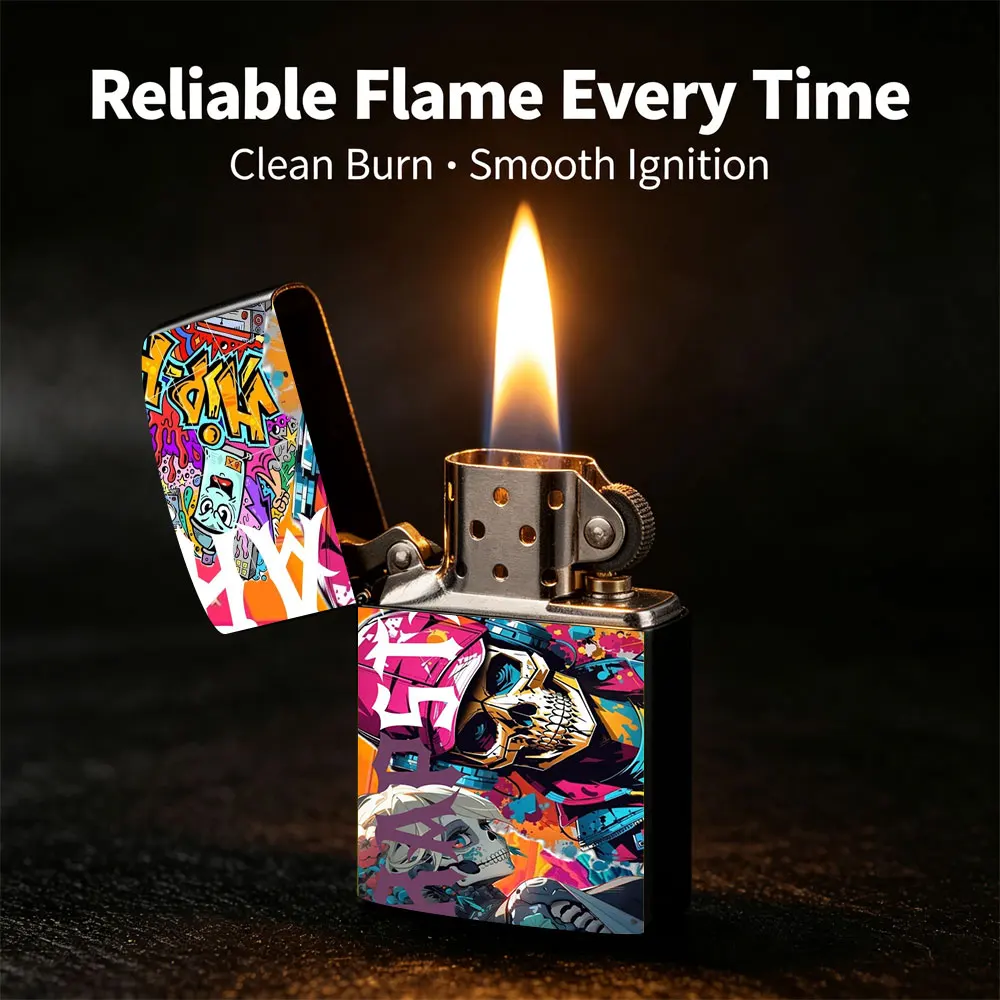 Pocket Lighter, Skull Graffiti Art with Skateboard & Boomboard Design, Metal Flip-Top Windproof, Adjustable Flame, Durable Ergonomic Grip, Cool Street Style