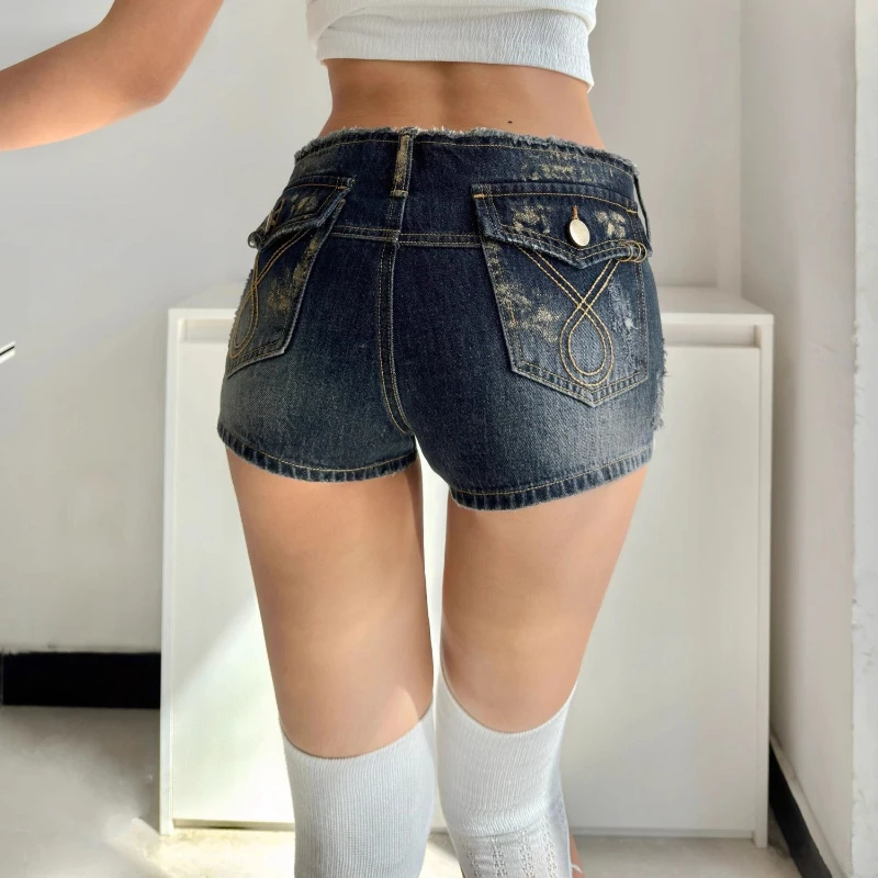 Deeptown Y2k Vintage Hole Women Short Jeans Harajuku Low Waist Japanese 2000s Style Gyaru Denim Shorts Slim Streetwear Summer