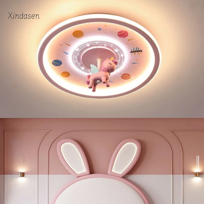 

Led Cute Unicorn Ceiling Light For Kids Room Girls Bedroom Decor Princess Nursery Pink Cartoon Carousel Lamp Ceiling Chandelier