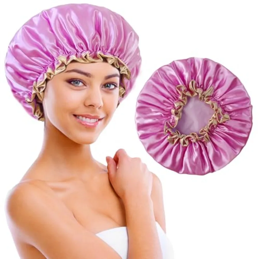 

Shower Cap Reusable Waterproof, Large Shower Cap for Women, Shower Caps for Braids Long Hair, Double Layer Satin Plastic Hair C