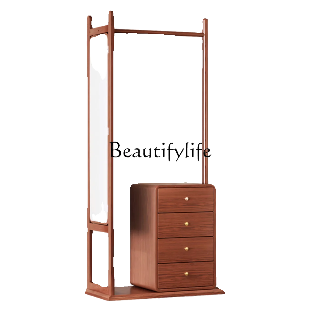 

Solid Wood Coat and Hat Rack Three-Pole Clothes Rack Floor Mirror Vertical Household Clothes Rack Drawer