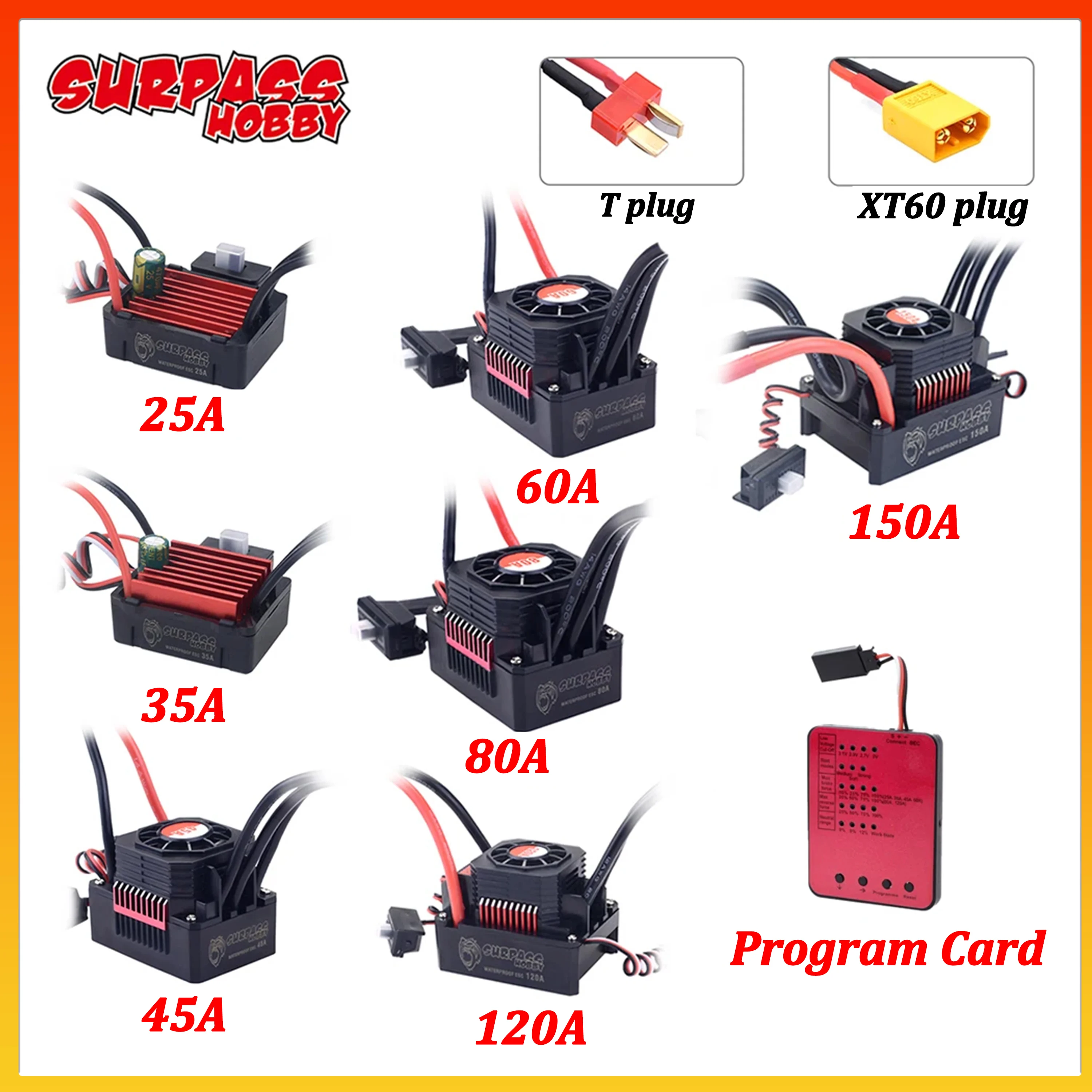 

Водонепроницаемый регулятор скорости SURPASS HOBBY KK 25A 35A 45A 60A 80A 120A 150A с разъемами T-Plug и XT60, 2-6S, для бесщеточных двигателей радиоуправляемых моделей 1/16, 1/14, 1/12, 1/10, 1/8