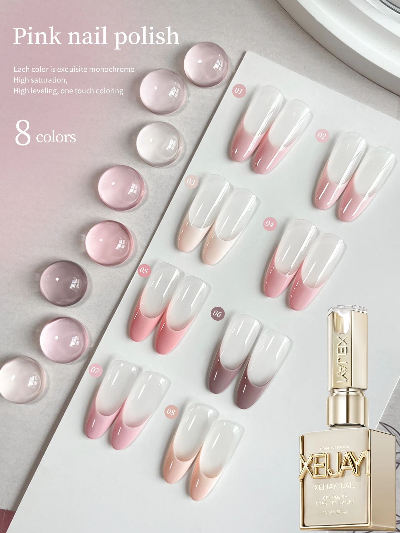 XEIJAYI 15ML 8pcs Pink Series Gel Nail Polish Set, UV LED Immersion Nail Polish,Holiday DIY Nail Polish Design For All Seasons