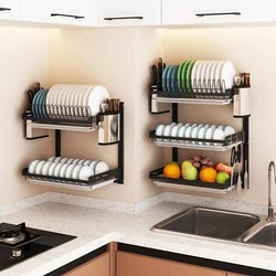 New 304 Stainless Steel Kitchen Bowl Rack Tableware Cup Drainer Dish Drying Rack Kitchen Wall-mounted Storage Rack Storage Box