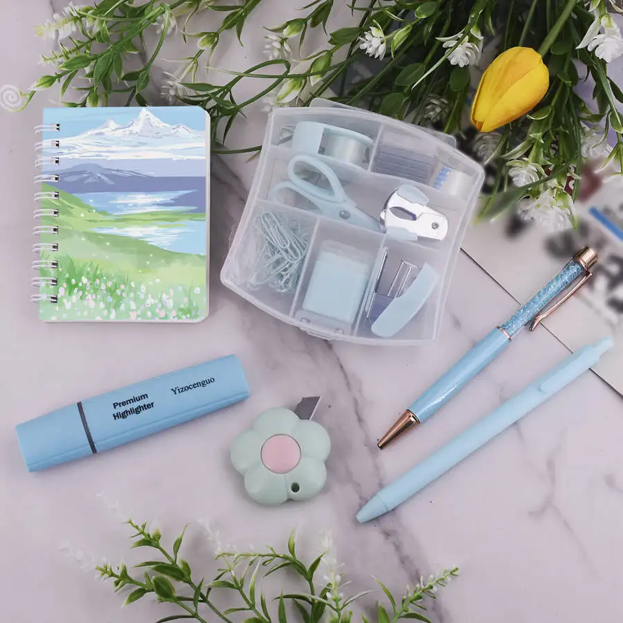 Mini office kit includes stapler, tape dispenser stapler, paper clips, scissors, staples, pens, notebook small retractable knife