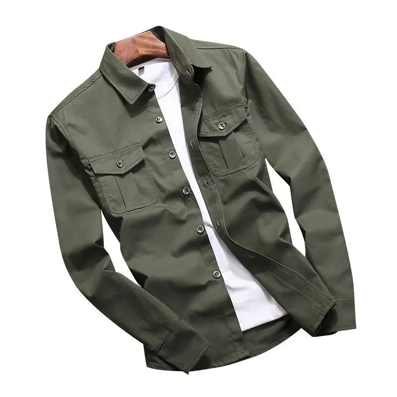 Dress Cargo Shirt Men 2024 Brand New Regular Fit Long Sleeve Button Down Shirt Solid Color Turn-neck Plus Size Work Cargo Shirt