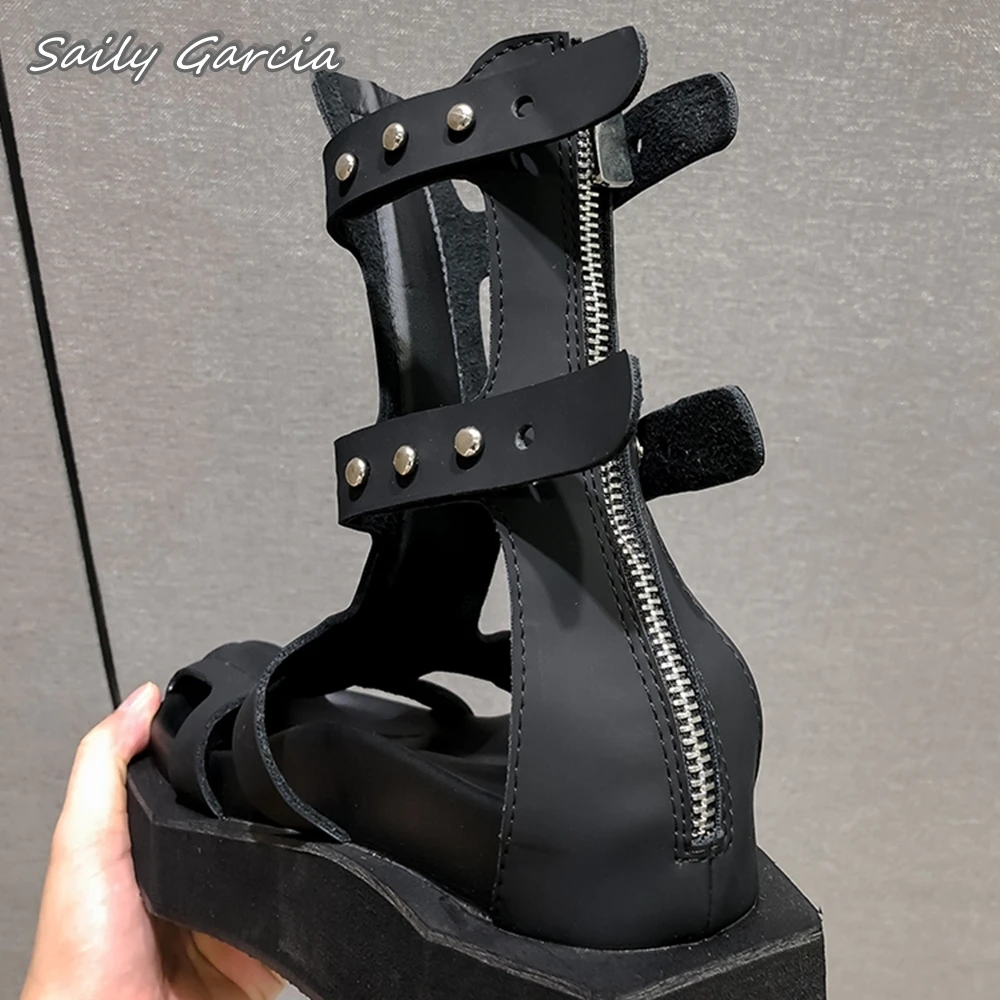 Black Back Zipper Hollow Sexy Mid Calf Summer Boots 2024 Summer New Fashion Women Shoes Square Toe Platform Casual Shoes