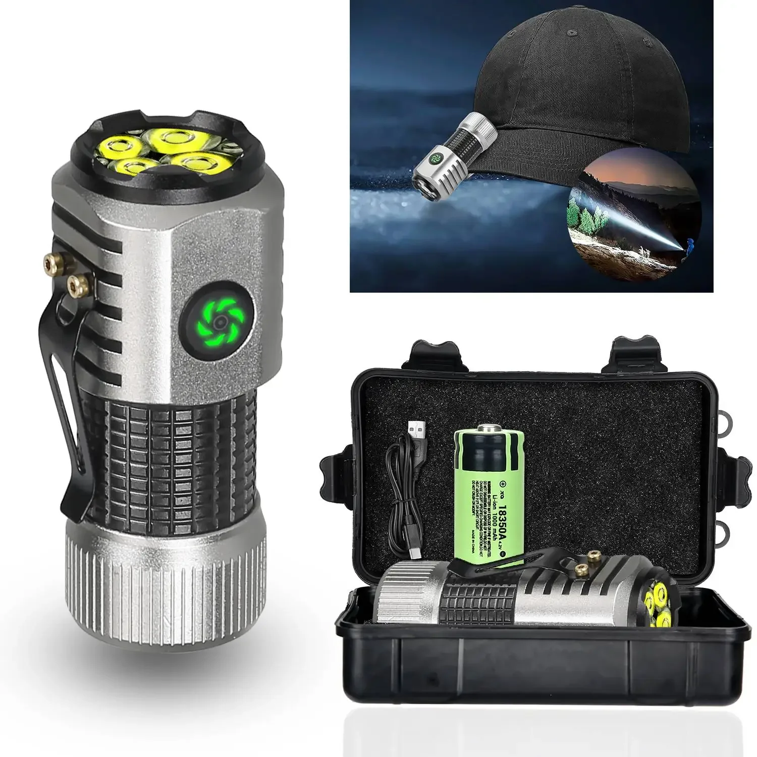 BALDR High Lumen Pocket Flashlight with 18350 Battery,USB Rechargeable Magnetic Flashlight,Outdoor Camping Fishing Hat Clip Lamp