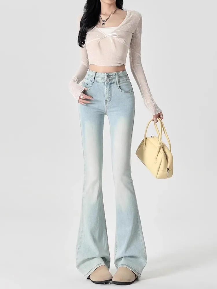 American Style High Waist Bell Bottom Jeans Women's Spring Summer New Small Size Slimming  Hoof Floor Length Pants