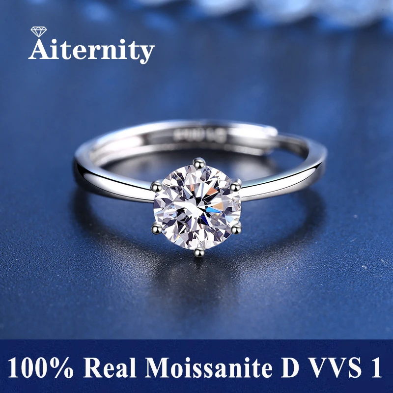 

Real Moissanite 6 Prong Ring D VVS1 Pass Diamond Test Pen Adjustable Size S925 Sliver GRA Certificate Wedding Rings for Women