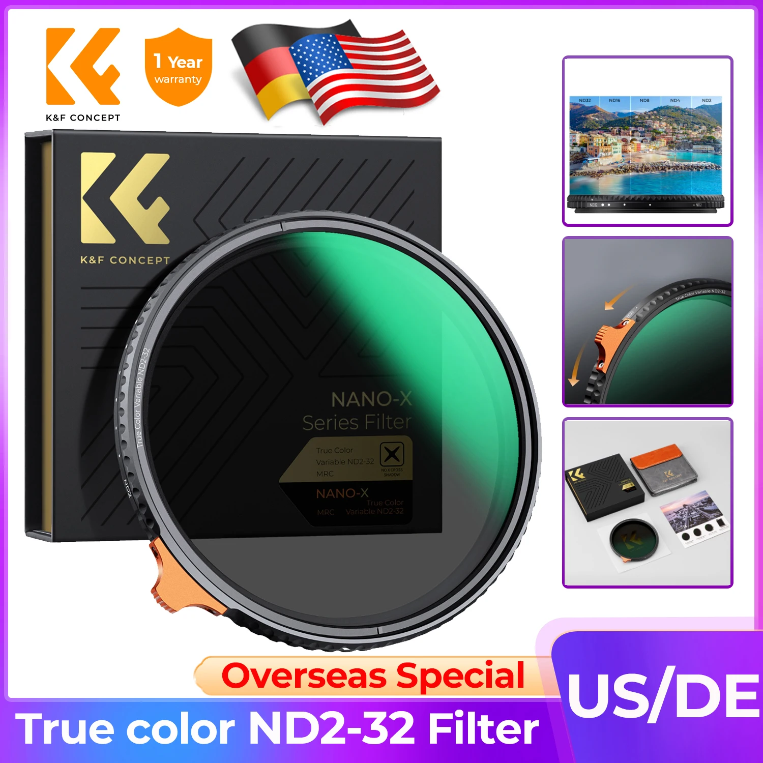 K&F Concept 49-82mm ND2-ND32 Filter True Color 28 Layers Variable ND Filter for Camera 49mm 52mm 58mm 62mm 67mm 77mm 82mm Nano-X