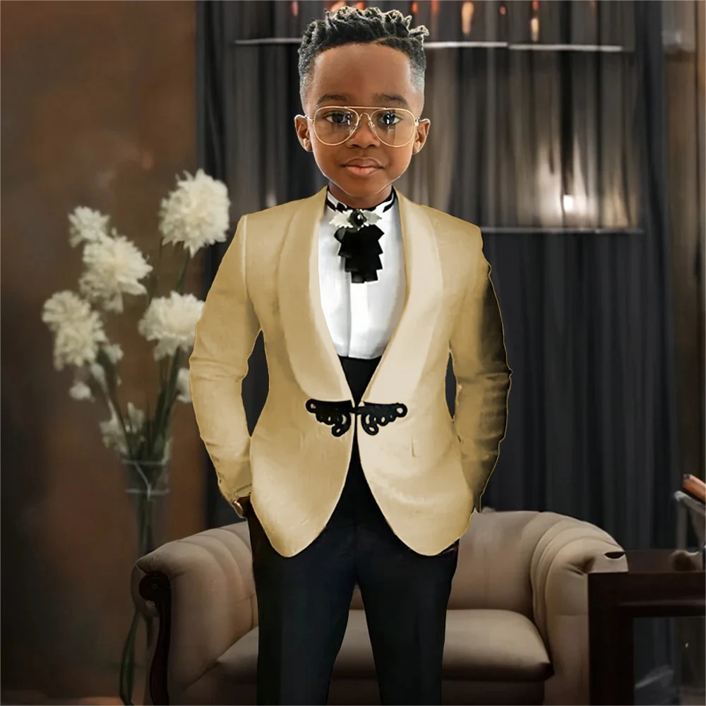 

Boys Tuxedos Suit 3 Piece Set, Fashion Champagne Jacquard Jacket Black Vest Pants Flower Boys Wedding Party Formal Wear