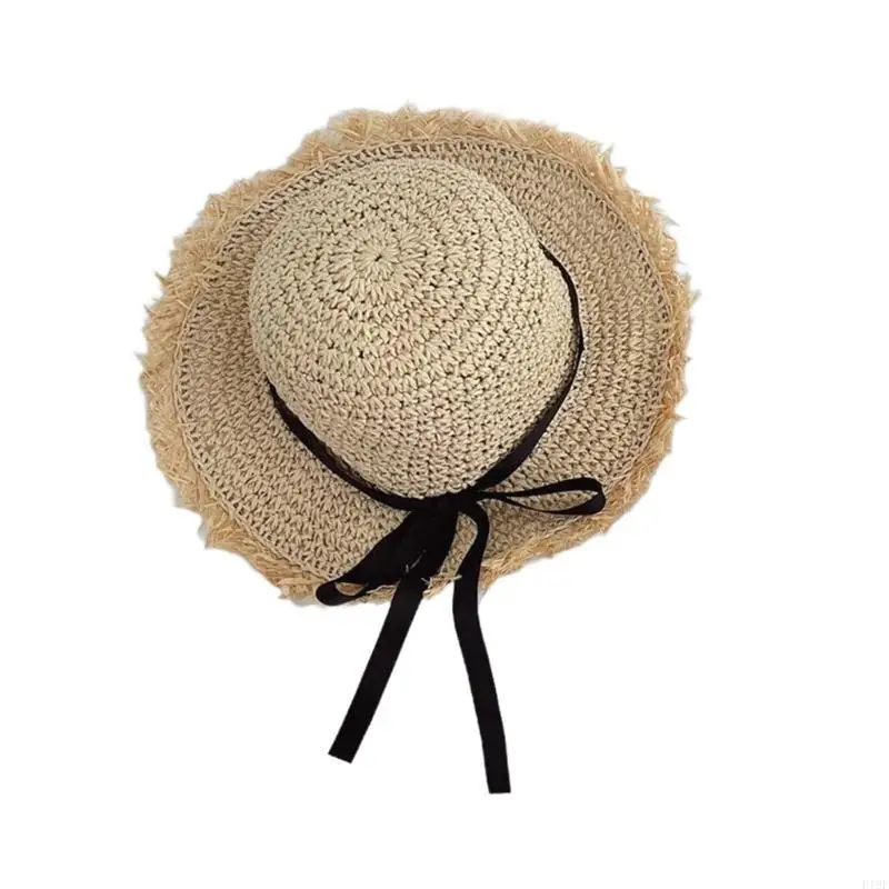 

F19f ручная дурака детская соломенная шляпа шляпа Bowknot пляжная шляпа широкая рыбалка для отдыха