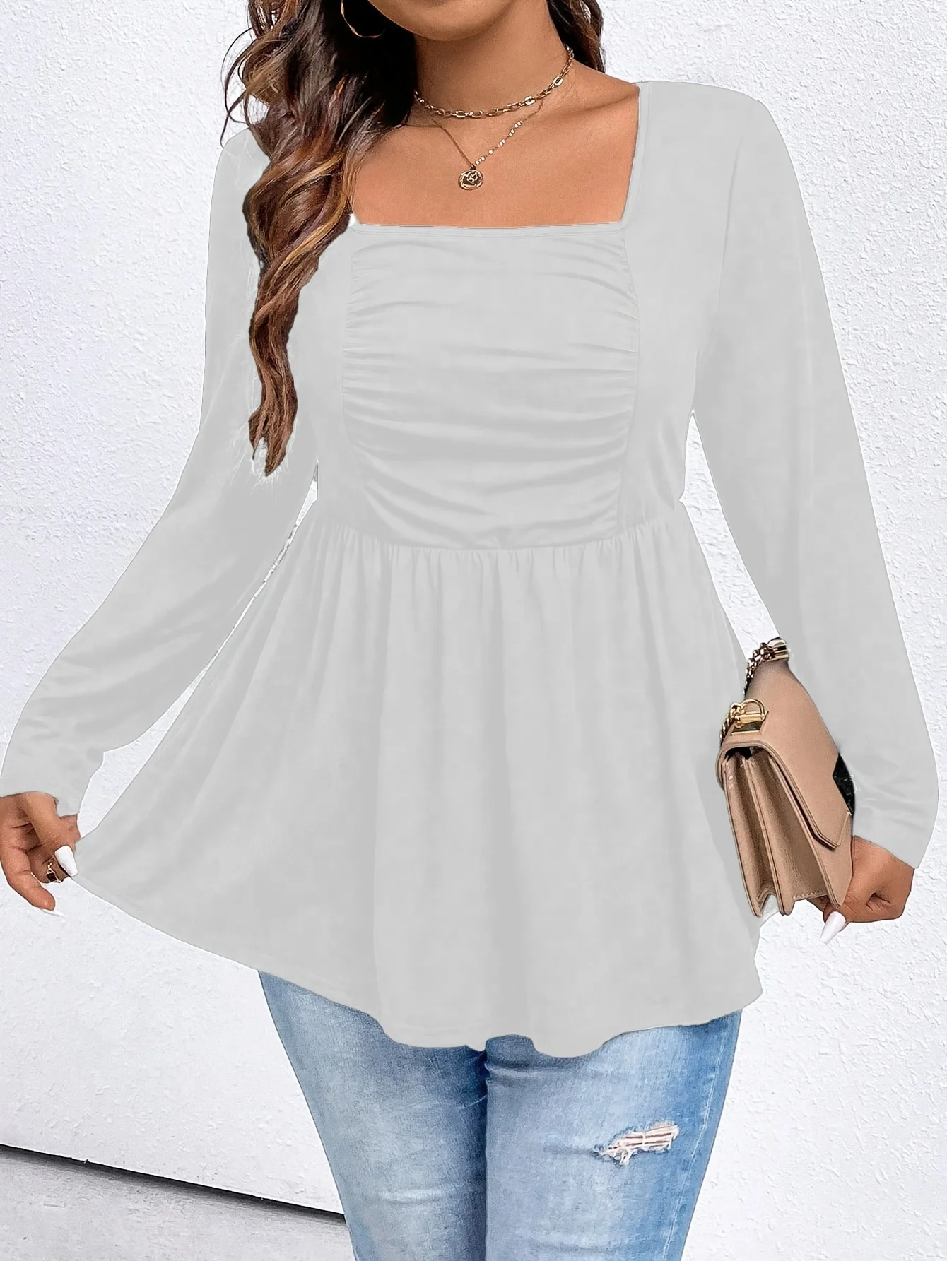 Langärmlige Tunika mit quadratischem Ausschnitt für Damen in Übergröße für elegantes und bequemes Alltags-Tragen – Detail 7
