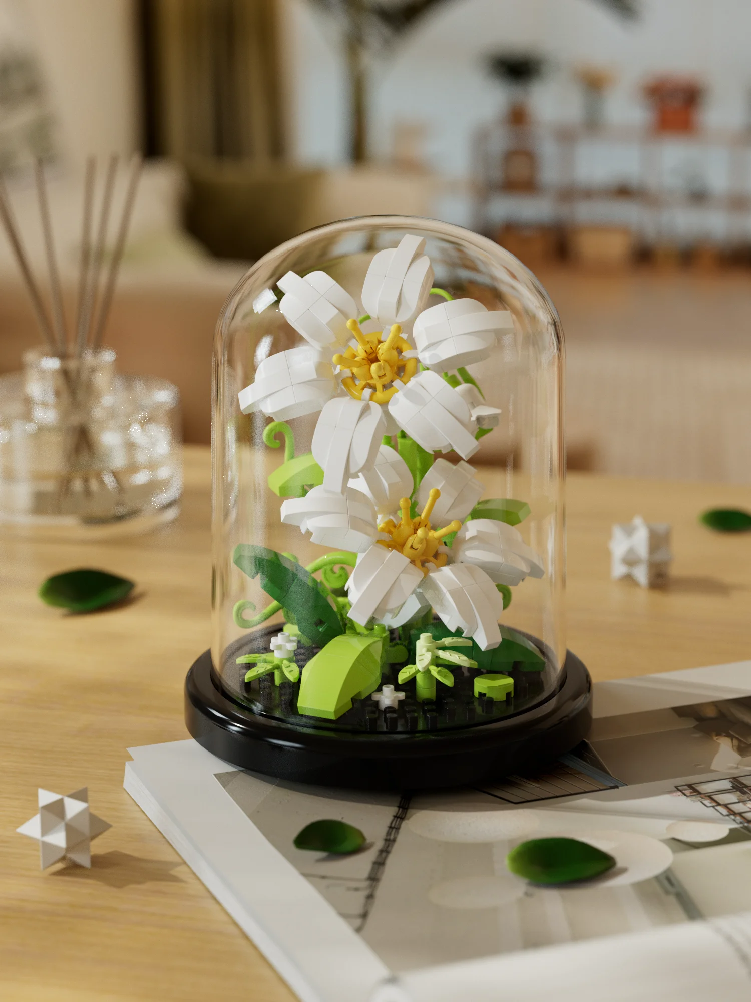 MEIEST Ensemble de bouquets de fleurs avec boîte à musique et dôme anti- poussière - Simulation de particules artificielles - Briques de construction - Décoration d'intérieur (rose rouge