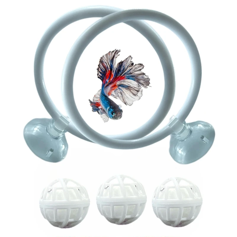  Suction Cup Base Betta Fish Rings Set Aquatic Turtles Toy with Nitrifying Ball for Fish Tanks Water Filtrations System