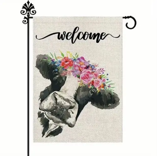 *NEW* “WELCOME” Farmhouse Floral Cow Garden Flag Double-Sided 12