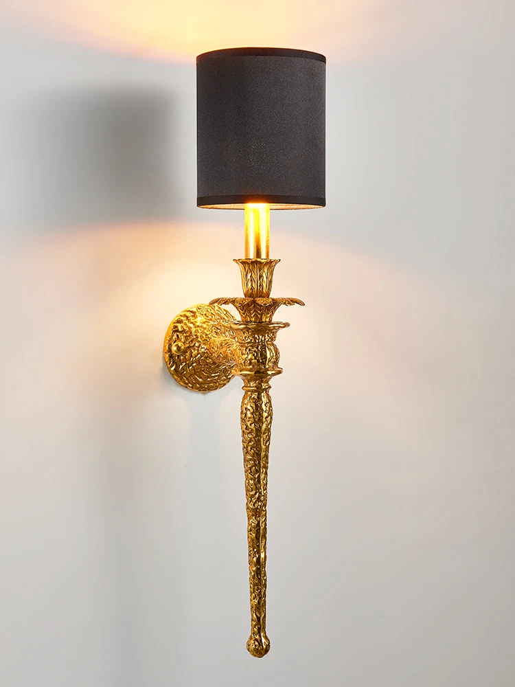 

Luxury Rococo classical Copper wall light for Living Room indoor vertical Gold Wall Lamp Long fabric lampshade E14 LED sconce