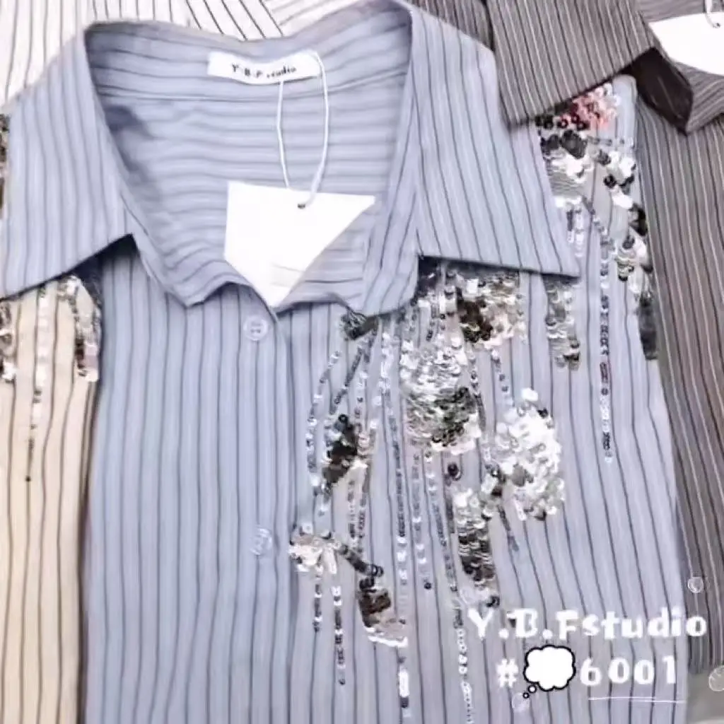 2025年秋新作 スパンコール刺繍シャツ 長袖ストライプブラウス レディース トレンド ルーズカジュアルトップス 女性服