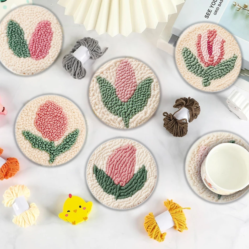 

CHENISTORY 6pcs DIY Kits Punch Needle Embroidery Set Coaster Lily Flowers Pattern Cup Mat Desktop Decoration Handmade Gift