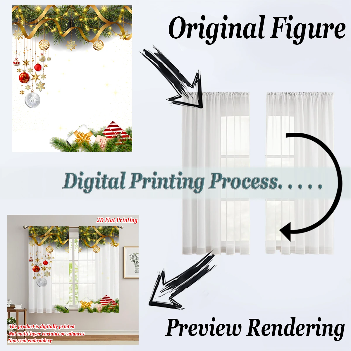 ستارة شفافة للمطبخ بطباعة مسطحة لعيد الميلاد مع زخرفة فرع كرة عيد الميلاد من الصنوبر لحفلات ديكور المنزل في عيد الميلاد