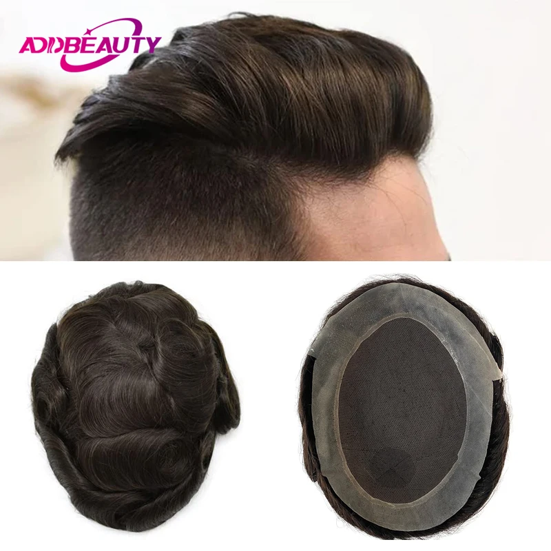 Prótese masculina de cabelo suíço, renda e pu, peruca de cabelo humano real, substituição de cabelo respirável, cabelo cinza natural