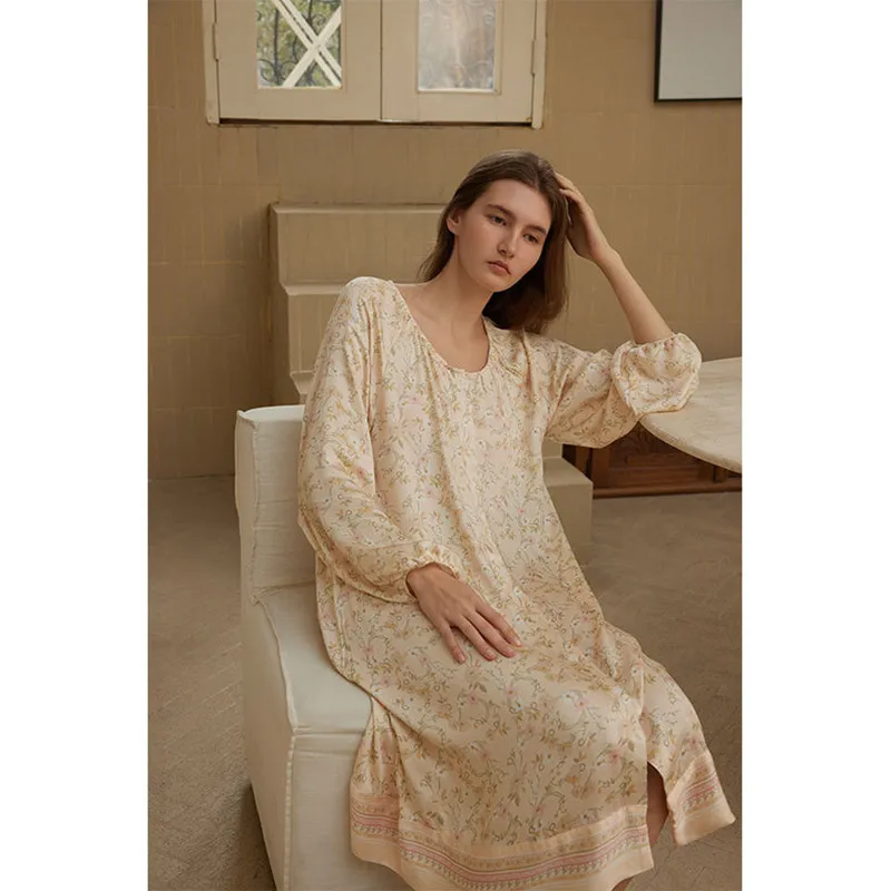 Women Sweet Full Sleeves Printed Nightdress Simple Round Neck Cardigan Knee-Length Nightie Loose Design Viscose Soft Home Dress