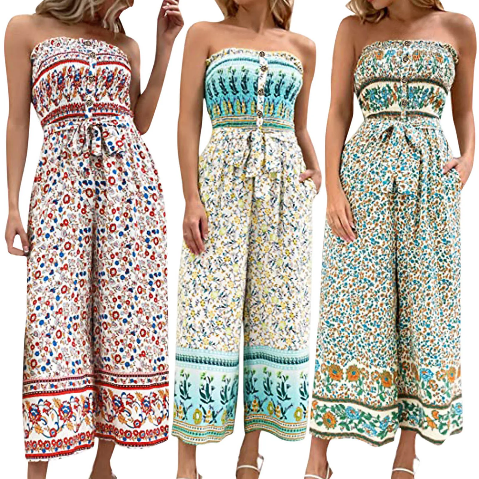 

Women Jumpsuit Boho Flroal Print Sleeveless Wide Legs Strapless Overalls Casual Rompers 2024 Summer Bohemian Women Playsuits