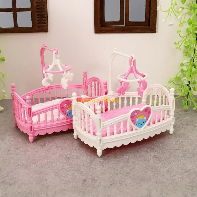 Y4QA Realistic Pink Crib Realistic Pretend Play for Kids Role Toddler Bed Model Toy Single Vintage Crib 1:12 Dollhouses