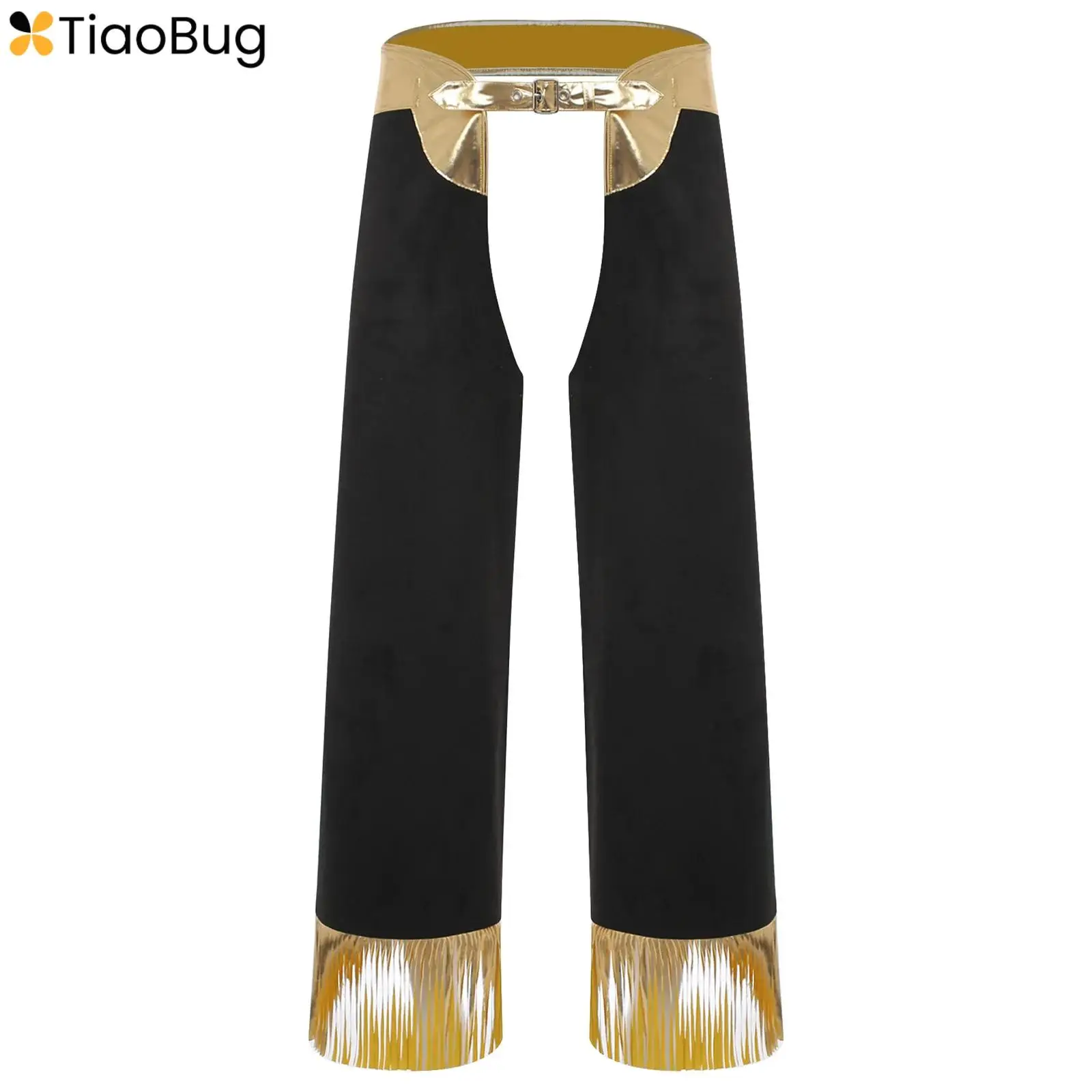 

Mens Western Cowboy Bull Riding Chaps Shiny Metallic Fringe Adjustable Waist Hollow-out Long Pants Pants for Halloween Party