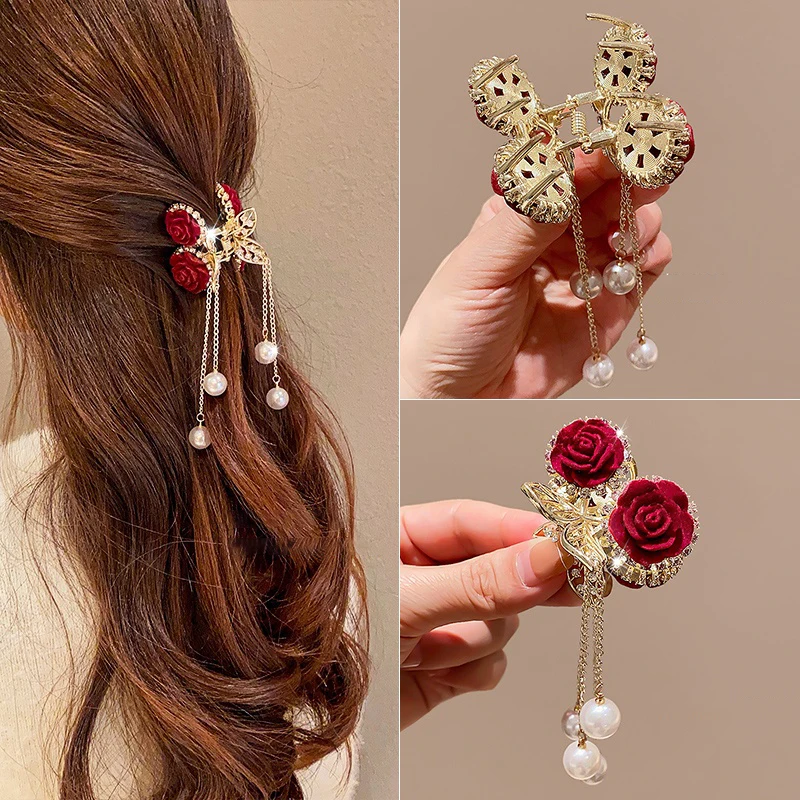 Fashion Metal Rose Fringe Rhinestone Hair Claw Clip Women's Elegant Horsetail Claw Hair Crab Fashion Hair Accessories