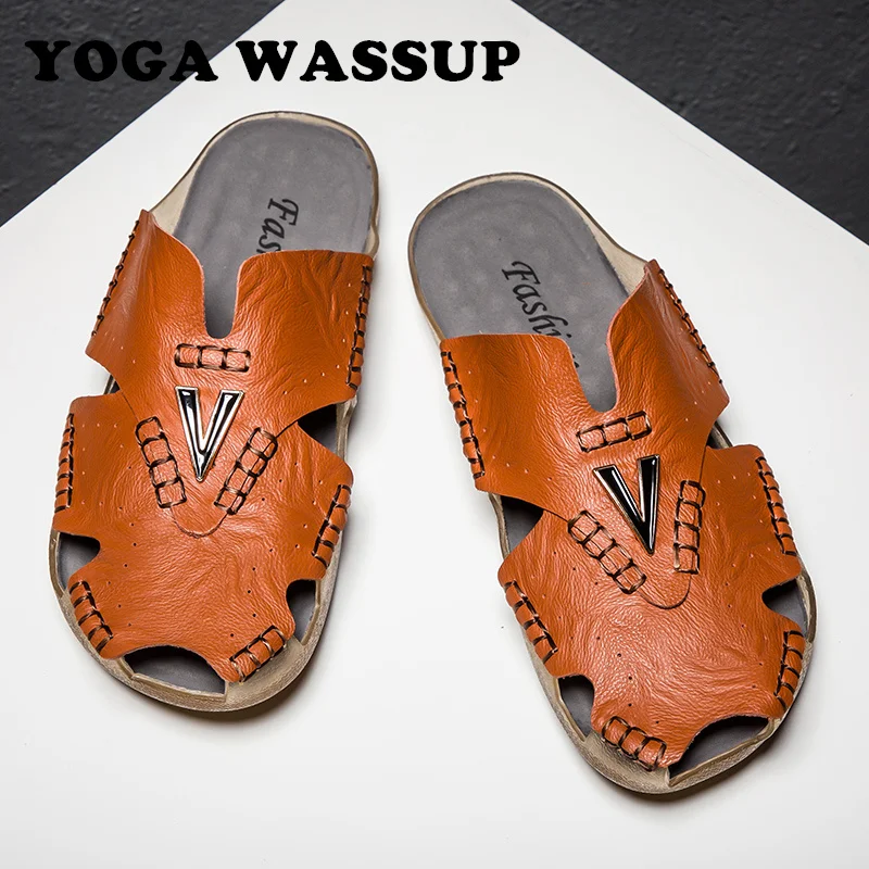 

YOGA WASSUP-Men's leather slippers, summer sandals, breathable outdoor shoes, beach shoes, sizes 38-48