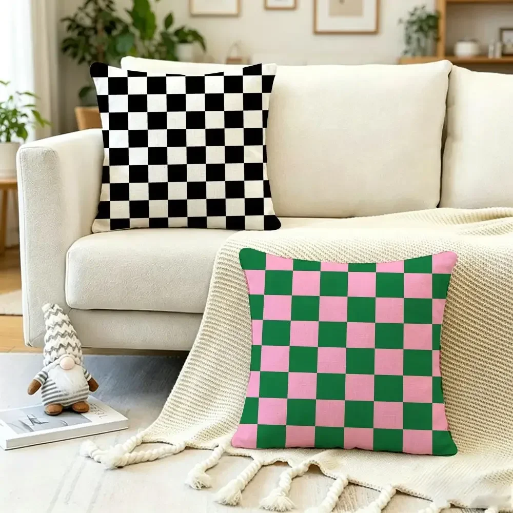 Merchandise Anime Checkerboard Cushion Cover Anti Dustmite Pillowcase Invisible Zipper Silky Short Plush Sofa Cushion Cover
