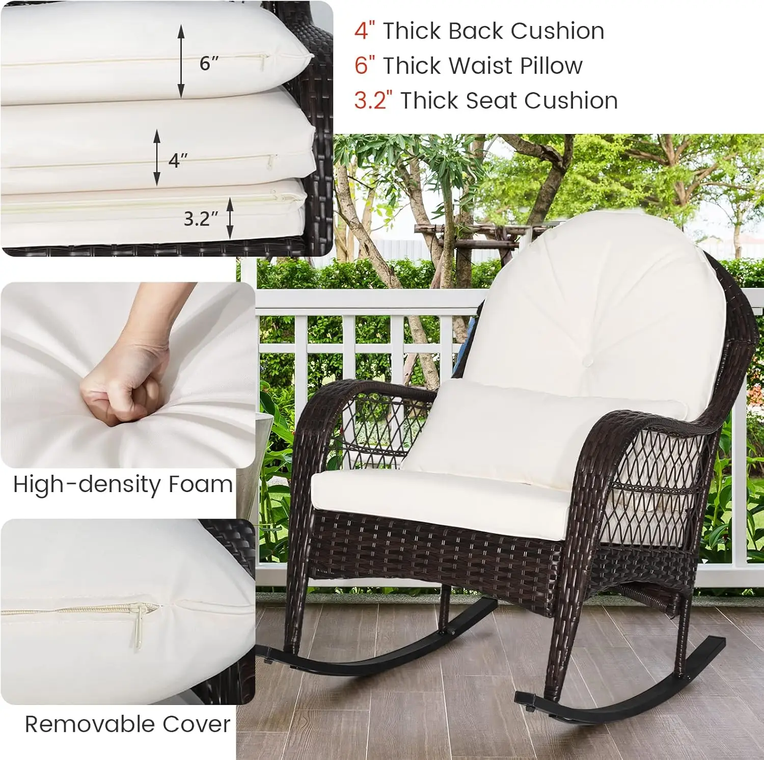 Outdoor Wicker cadeira de balanço, pátio Rattan Rocker com travesseiro lombar, assento acolchoado e almofadas traseiras, Metal Frame móveis