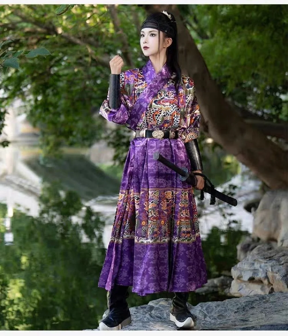 

Male Hanfu Ming Dynasty summer chivalric flying fish suit printed stripes drawn pleats traditional Chinese style ancient clothes