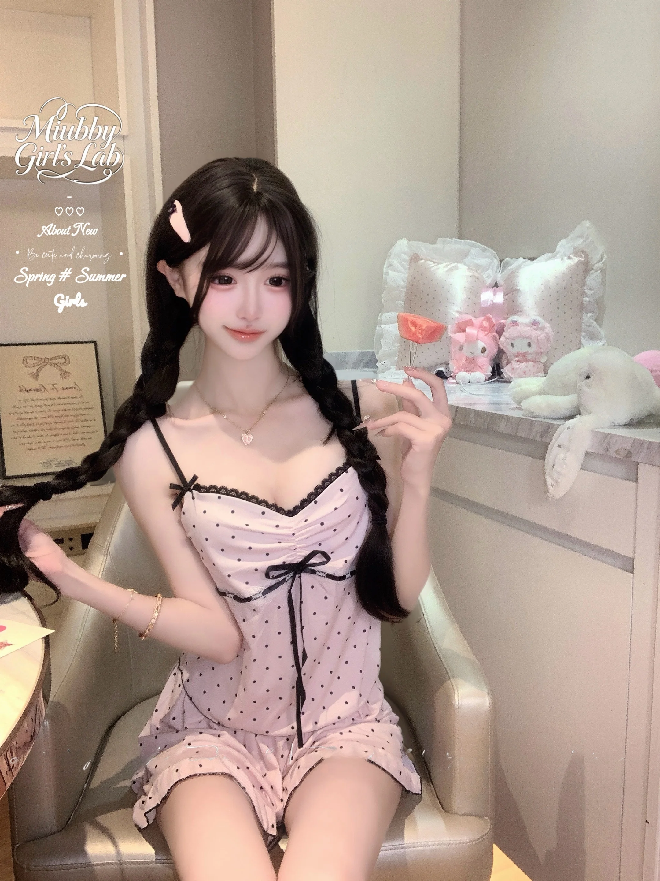 Miubby Summer Sweet  Knot Polka Dot Lace Ice Silk Thread Strap Sleepwear V-neck Short Pants Home Clothes for Girls