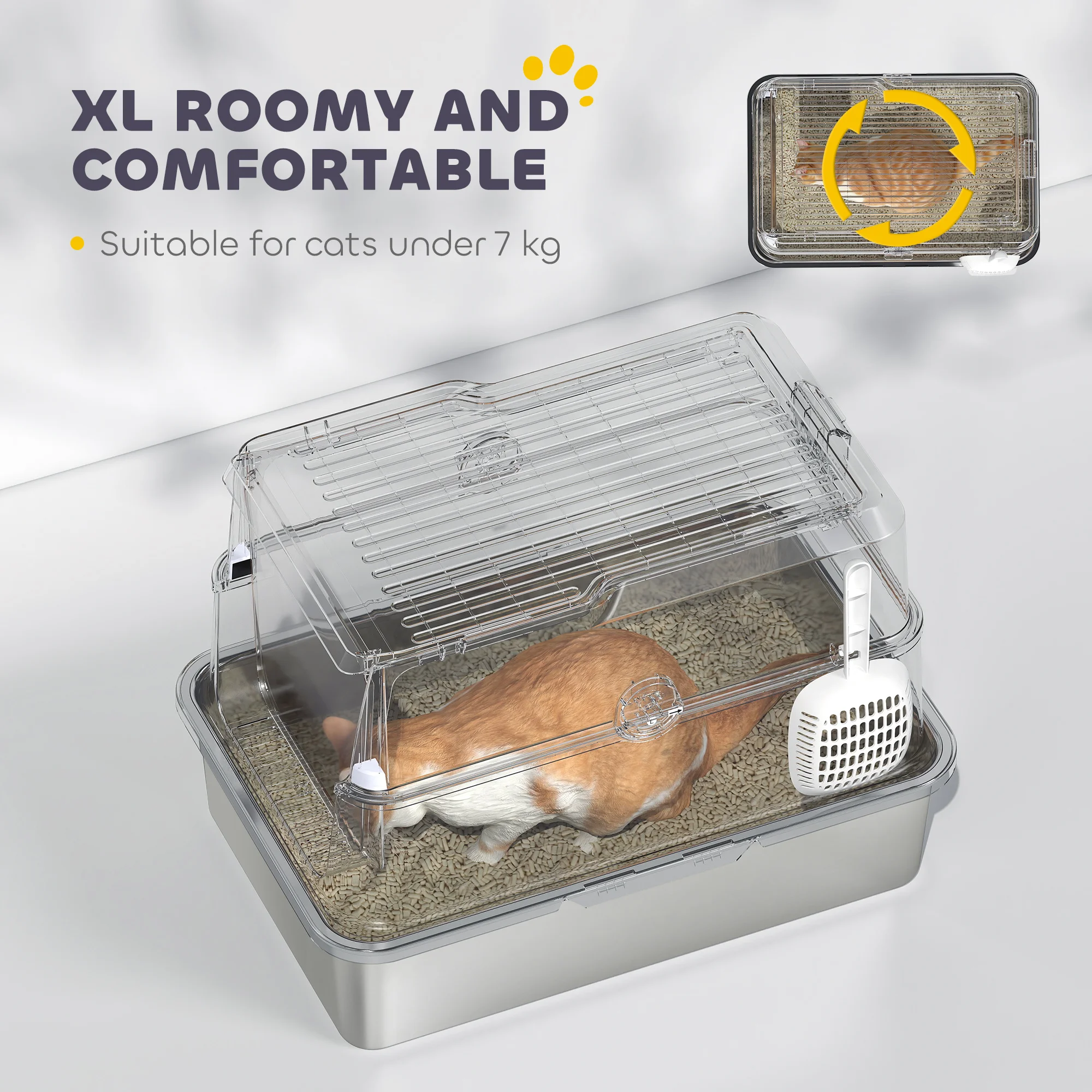 PawHut Extra Large Stainless Steel Cat Litter Tray with Scoop, Flip Top