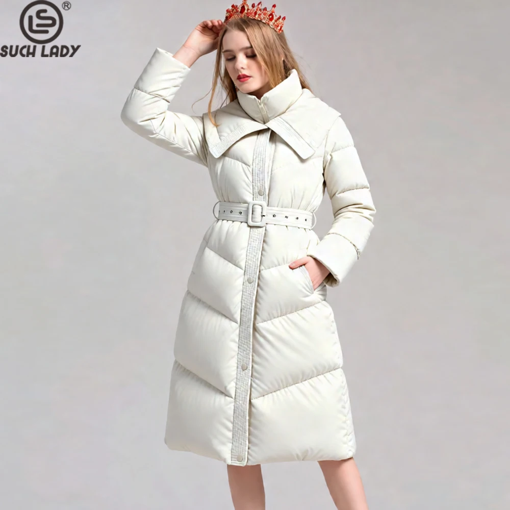 

Women's Long Belted Puffer Coat Cream Quilted white Duck Down Jacket, Warm Winter Parka with Collar Detail outerwear