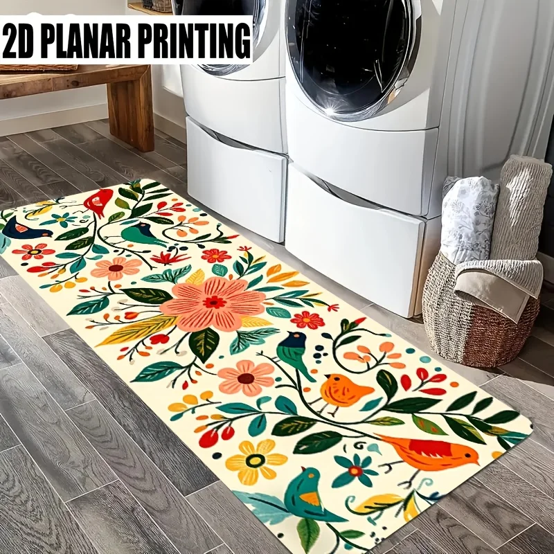 Pastoral Bird Flower Leaf Runner Rug on cream base,non-slip decorative mat for laundry room, entryway and household indoor floor