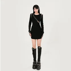 Japanese Harajuku Rock Punk Stitching Cheongsam for Girl, Kawaii Knitting Dress, Hot Girl Fashion Temperament, Sweet Black, New